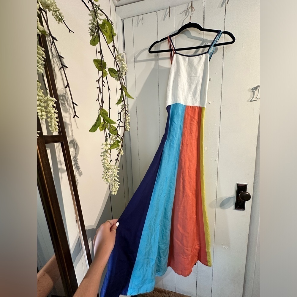 ANTHROPOLOGIE halter midi dress with white blue orange yellow stripes